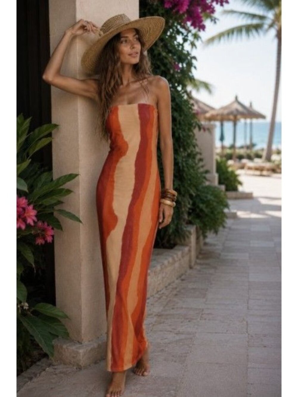 Striped Orange and Cream Maxi Dress - Beach Ready Strapless Dress